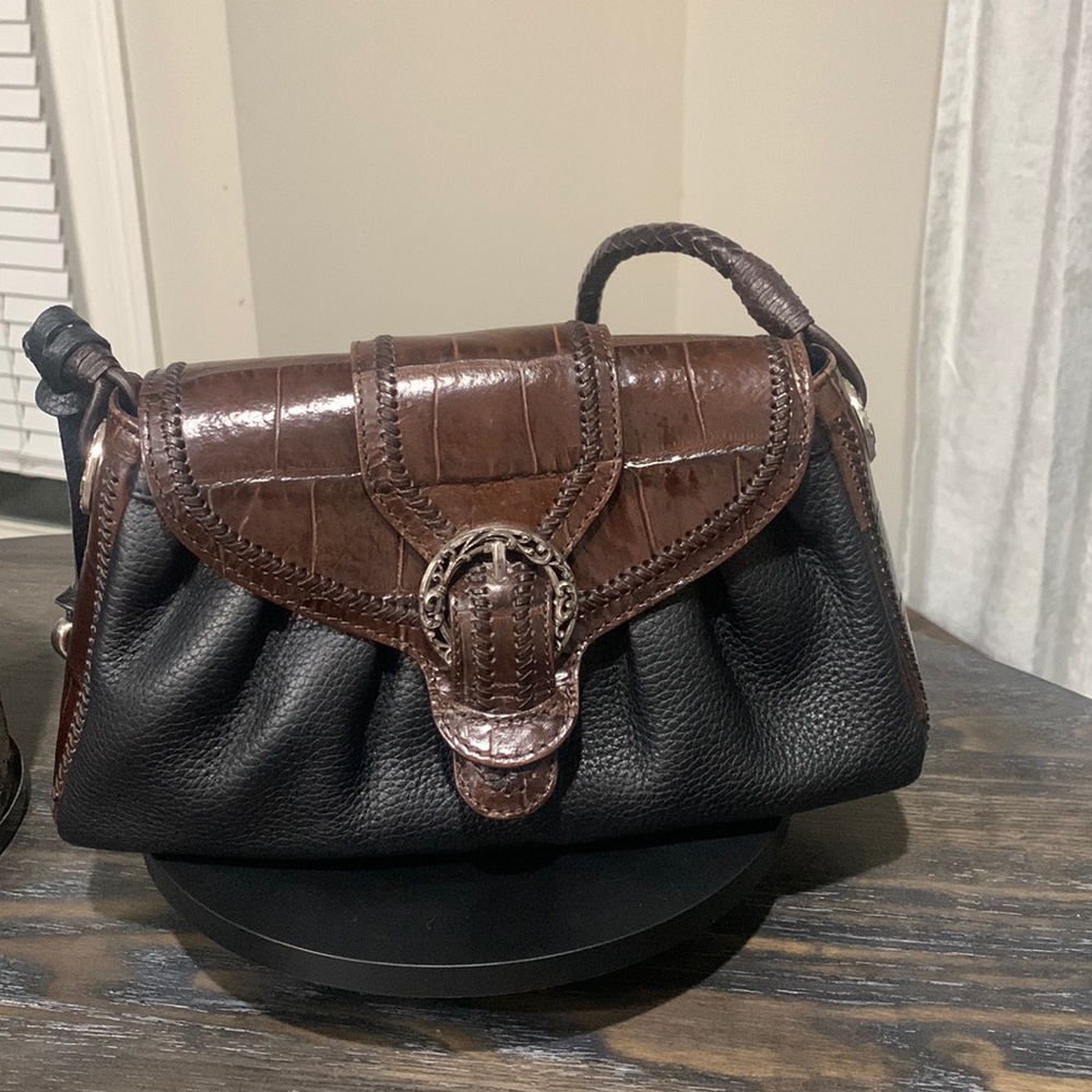 Brighton black pebbled leather and brown croc embossed shoulder bag EUC